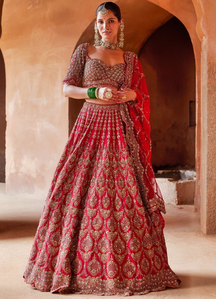 Deep Red Floral Embellished Bridal Silk Lehenga Set Nitika Gujral - Fabilicious Fashion
