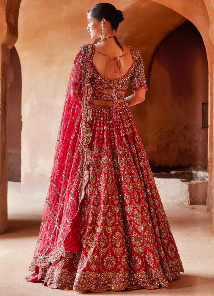 Deep Red Floral Embellished Bridal Silk Lehenga Set Nitika Gujral - Fabilicious Fashion