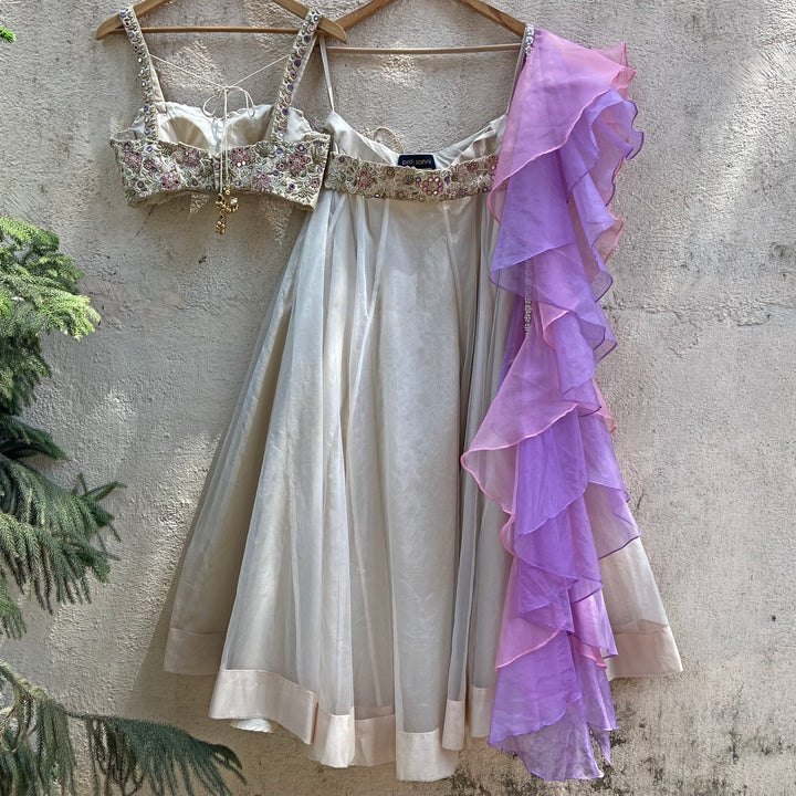 Ecru Lilac Floral Bustier Set Priti Sahni - Fabilicious Fashion