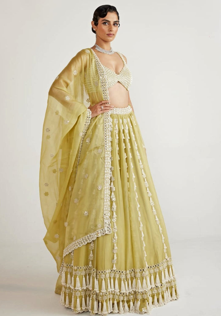 Fern Green Chandelier Pearl Drop Lehenga Set Vvani By Vani Vats - Fabilicious Fashion