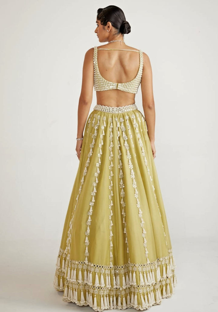 Fern Green Chandelier Pearl Drop Lehenga Set Vvani By Vani Vats - Fabilicious Fashion