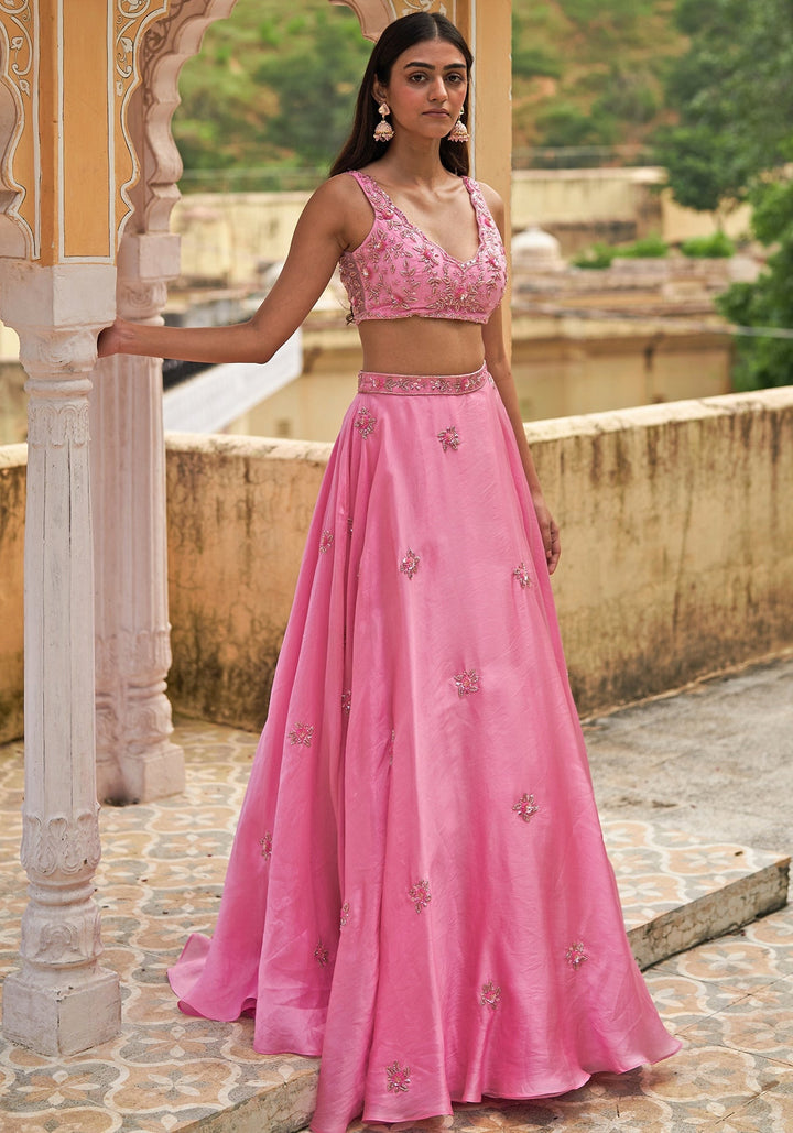 Fresh Pink Organza Embroidered Lehenga Set Zoon Tribe - Fabilicious Fashion