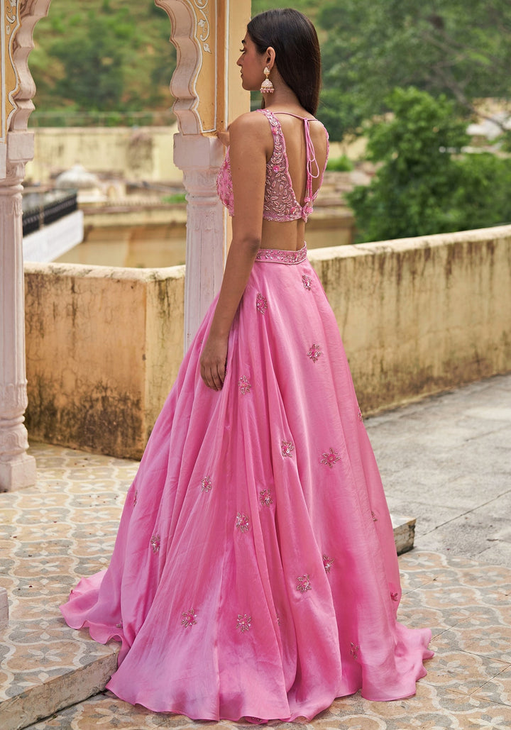 Fresh Pink Organza Embroidered Lehenga Set Zoon Tribe - Fabilicious Fashion