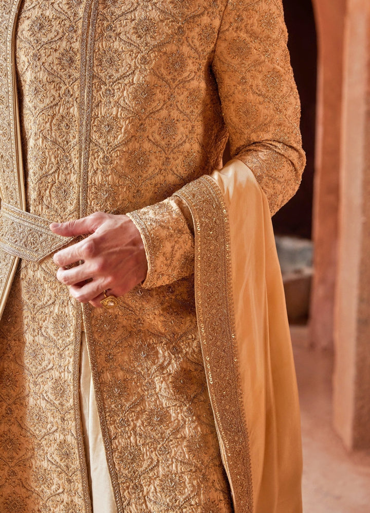 Gold Embellished Silk Sherwani Set With Kalidar Kurta Nitika Gujral - Men - Fabilicious Fashion