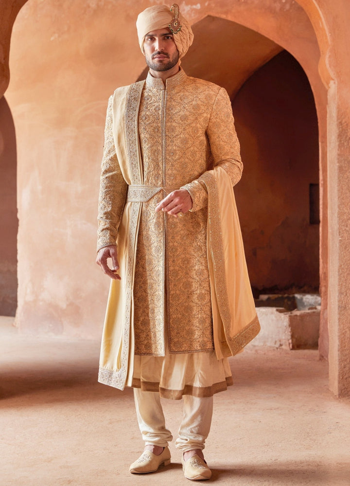 Gold Embellished Silk Sherwani Set With Kalidar Kurta Nitika Gujral - Men - Fabilicious Fashion