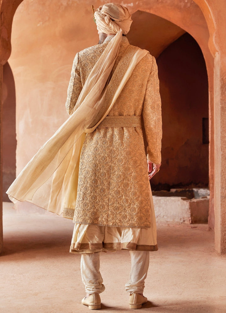 Gold Embellished Silk Sherwani Set With Kalidar Kurta Nitika Gujral - Men - Fabilicious Fashion