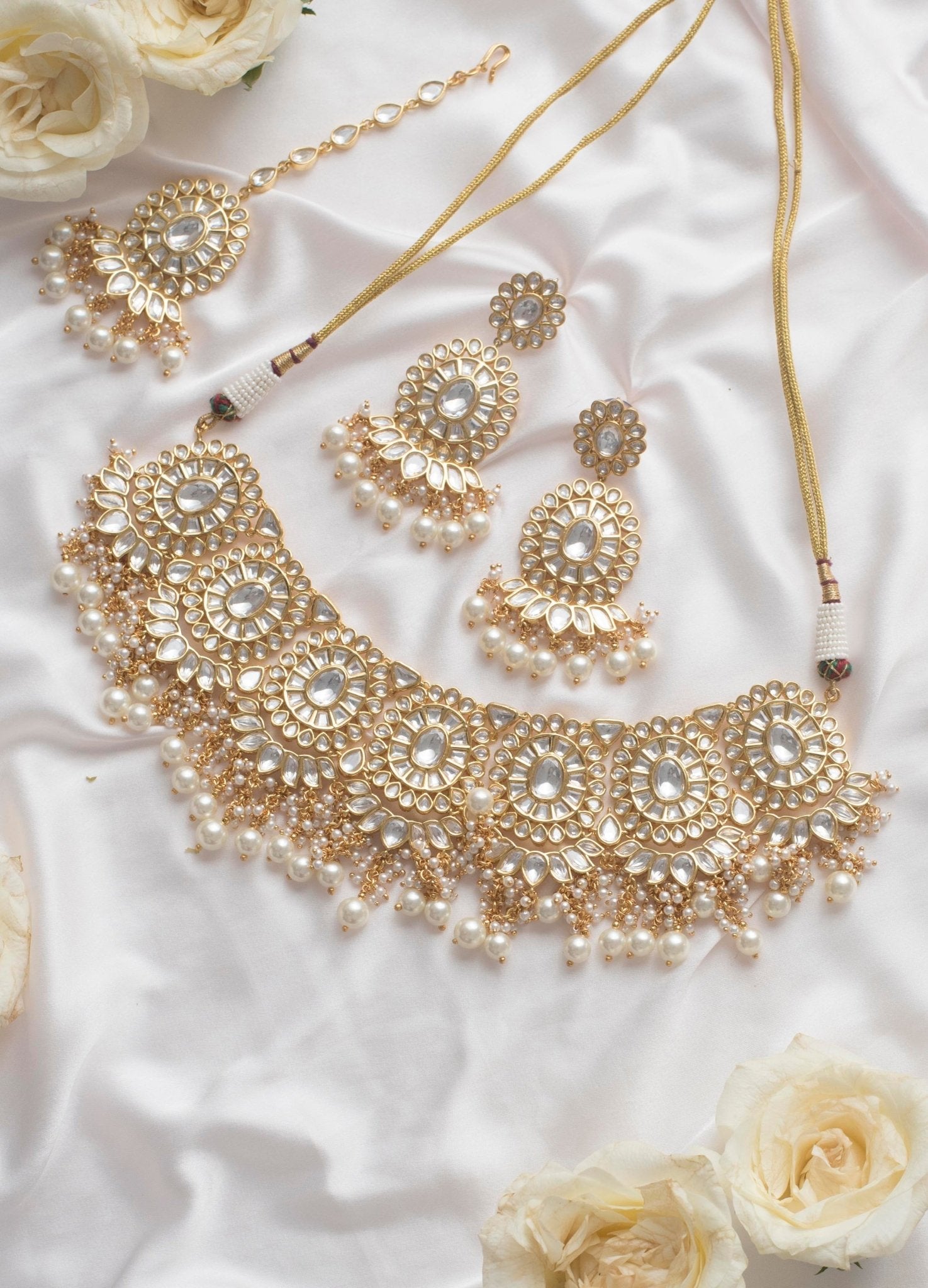Gold Kundan Necklace Set With Pearl Hangings And Maang Tikka