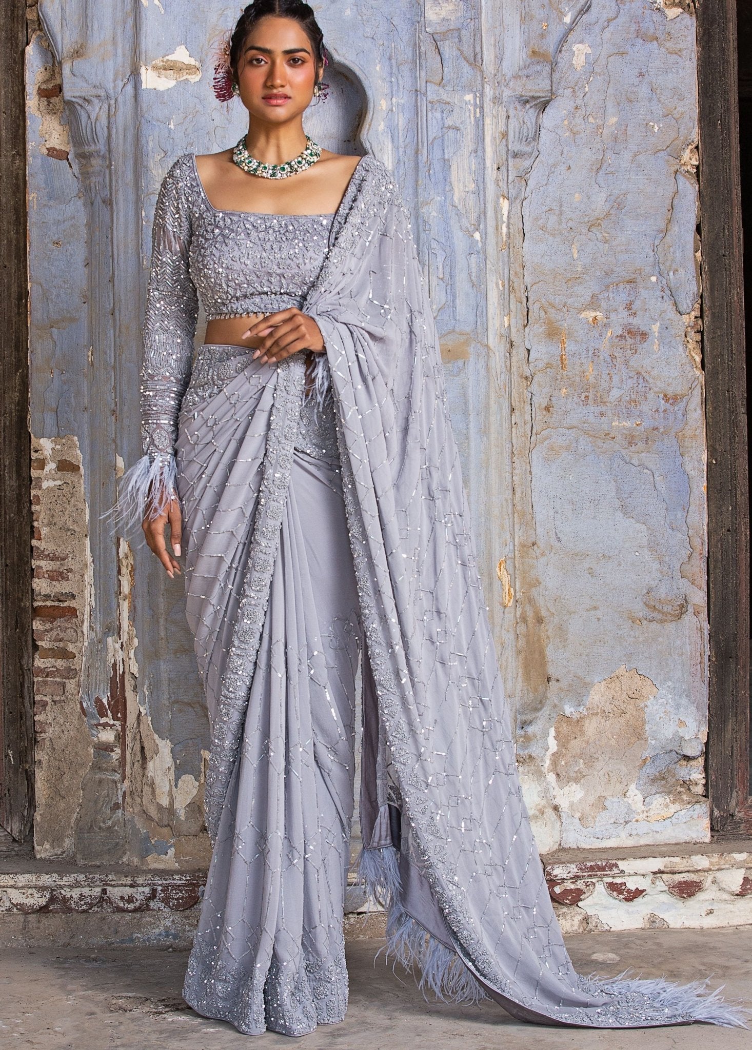 Grey Georgette Sequinned Saree With Full Sleeves Blouse With Feather Detail