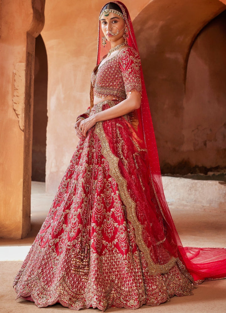 Hot Red Bridal Silk Lehenga Set With Net Veil Nitika Gujral - Fabilicious Fashion