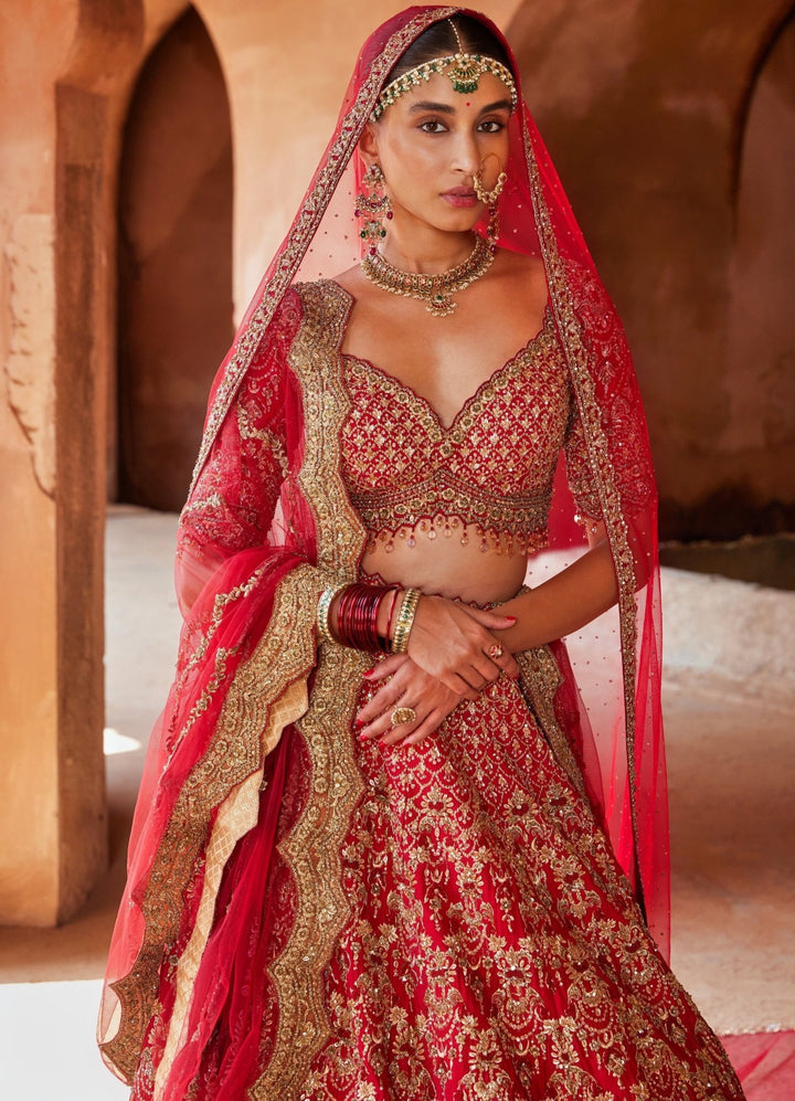 Hot Red Bridal Silk Lehenga Set With Net Veil Nitika Gujral - Fabilicious Fashion