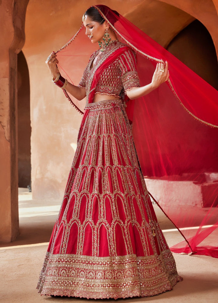Hot Red Embellished Bridal Silk Lehenga With Net Dupatta Nitika Gujral - Fabilicious Fashion