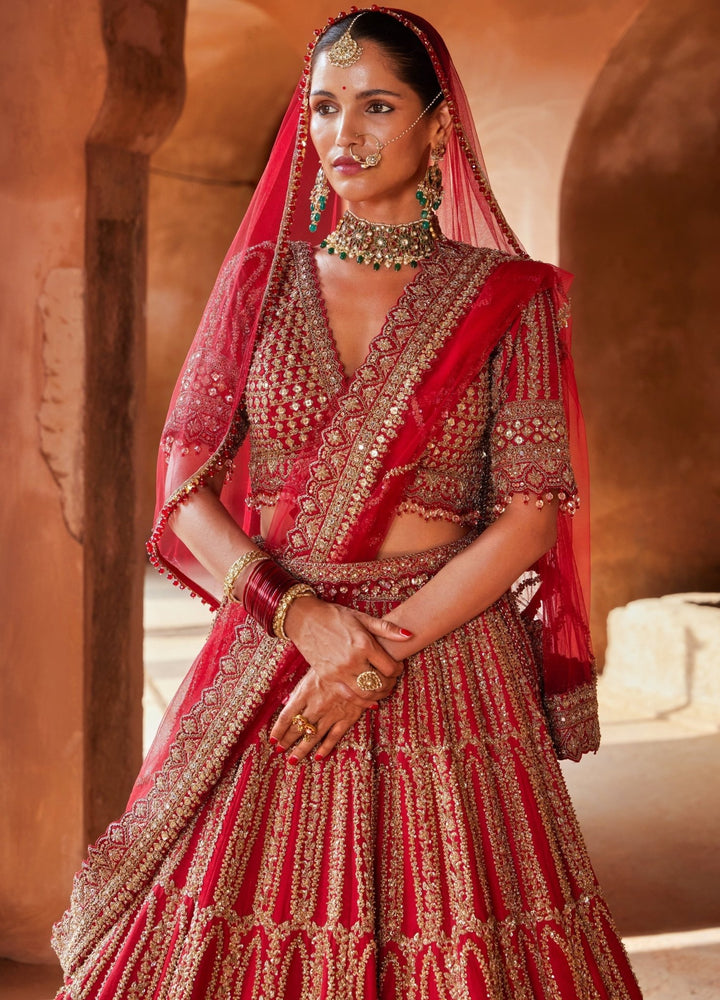 Hot Red Embellished Bridal Silk Lehenga With Net Dupatta Nitika Gujral - Fabilicious Fashion