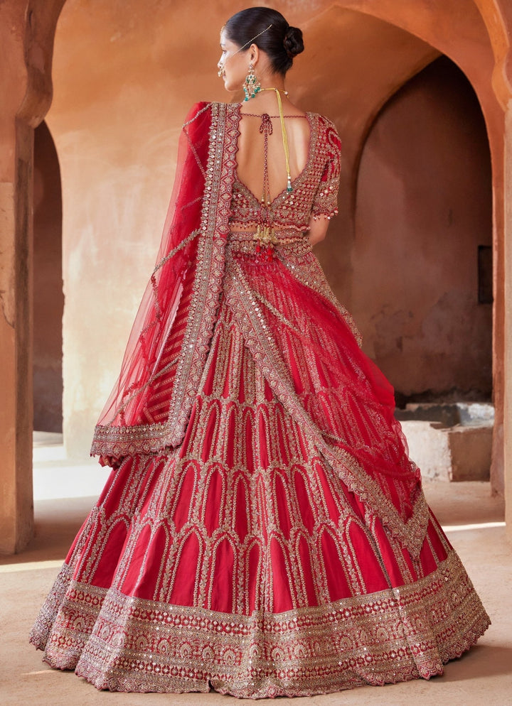 Hot Red Embellished Bridal Silk Lehenga With Net Dupatta Nitika Gujral - Fabilicious Fashion