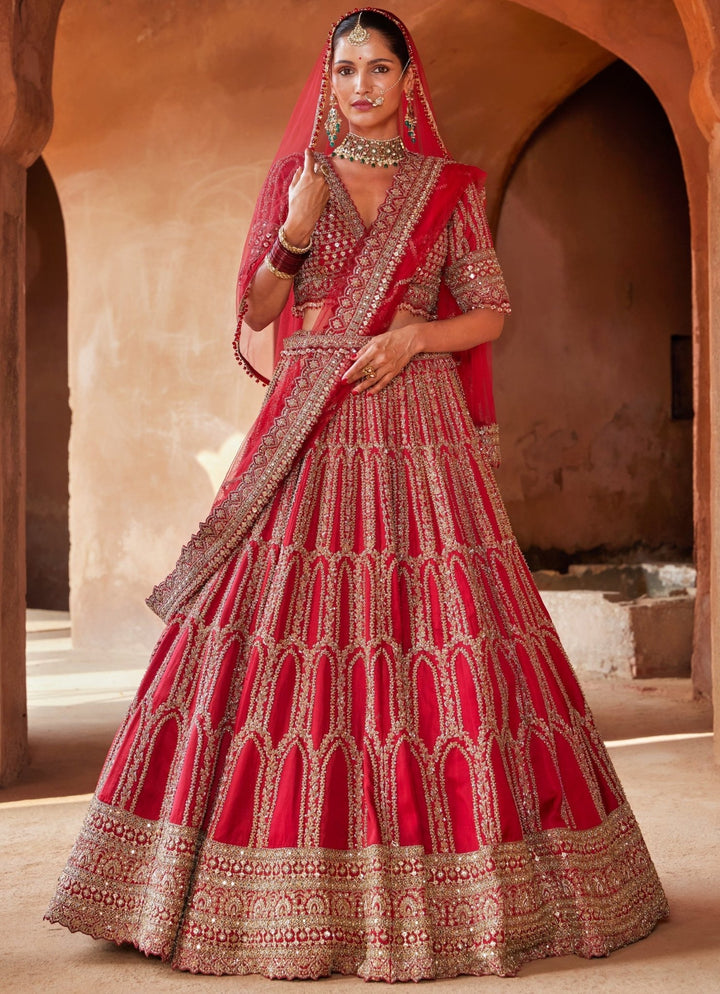Hot Red Embellished Bridal Silk Lehenga With Net Dupatta Nitika Gujral - Fabilicious Fashion