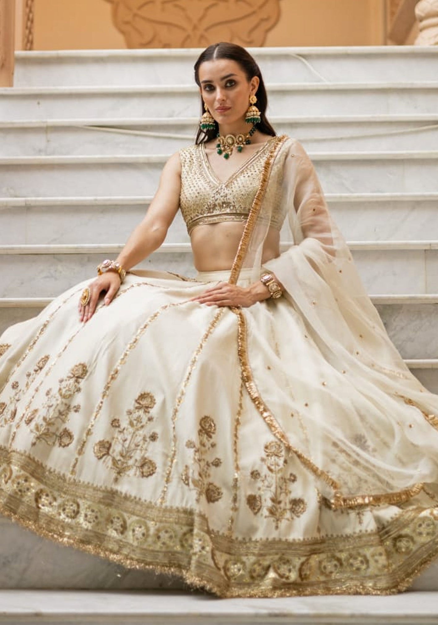 Ivory And Gold Chanderi Bridal Lehenga Set