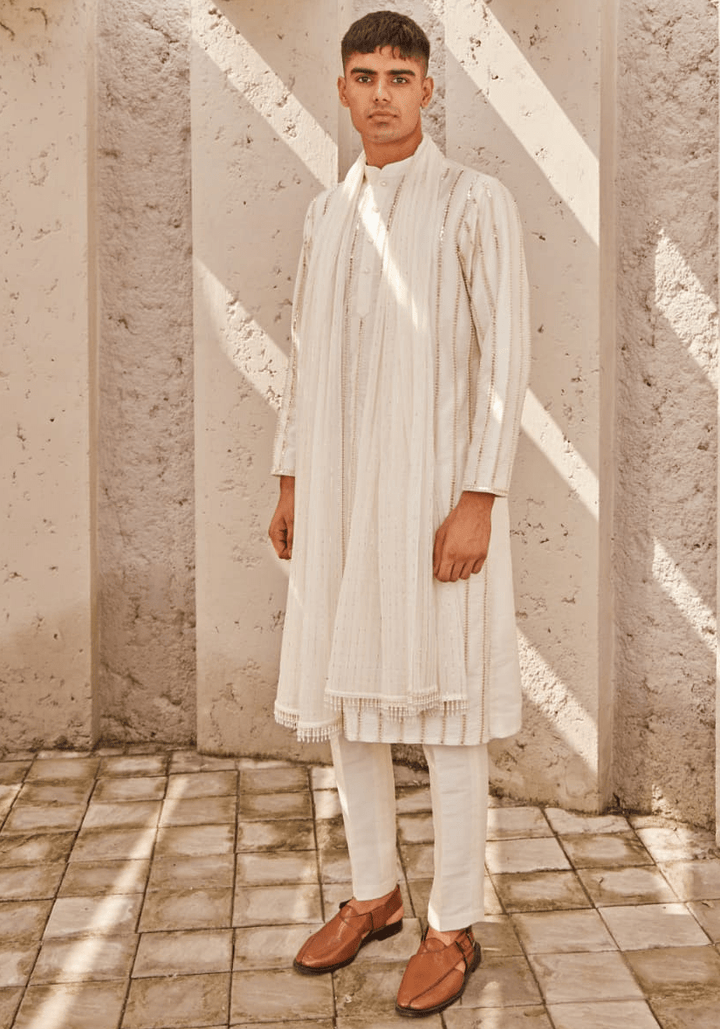 Ivory And Gold Embroidered Kurta Set Nidhika Shekhar - Men - Fabilicious Fashion