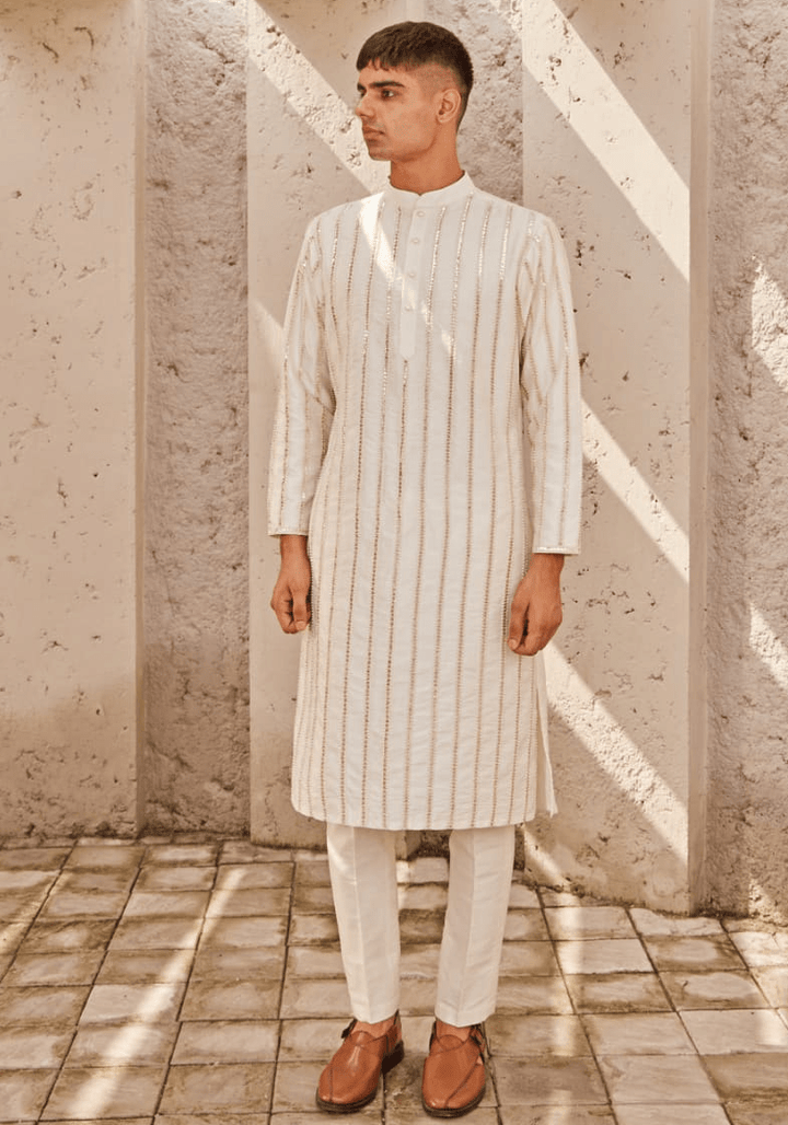 Ivory And Gold Embroidered Kurta Set Nidhika Shekhar - Men - Fabilicious Fashion