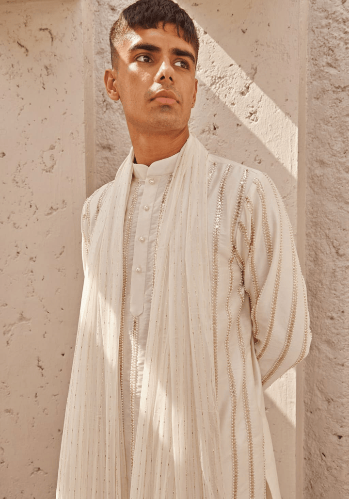 Ivory And Gold Embroidered Kurta Set Nidhika Shekhar - Men - Fabilicious Fashion
