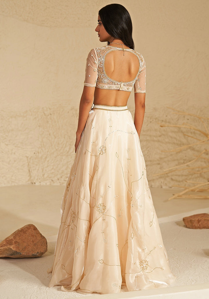 Ivory And Gold Metallic Organza Lehenga Set Zoon Tribe - Fabilicious Fashion