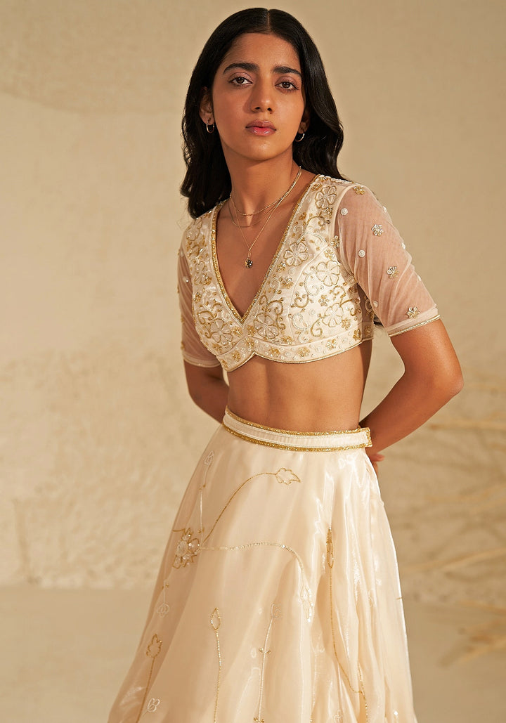 Ivory And Gold Metallic Organza Lehenga Set Zoon Tribe - Fabilicious Fashion