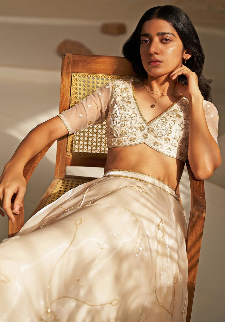 Ivory And Gold Metallic Organza Lehenga Set Zoon Tribe - Fabilicious Fashion
