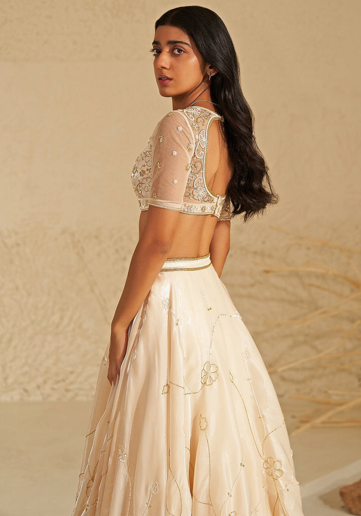 Ivory And Gold Metallic Organza Lehenga Set Zoon Tribe - Fabilicious Fashion
