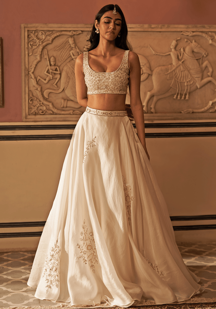 Ivory And Gold Organza Lehenga Set Zoon Tribe - Fabilicious Fashion