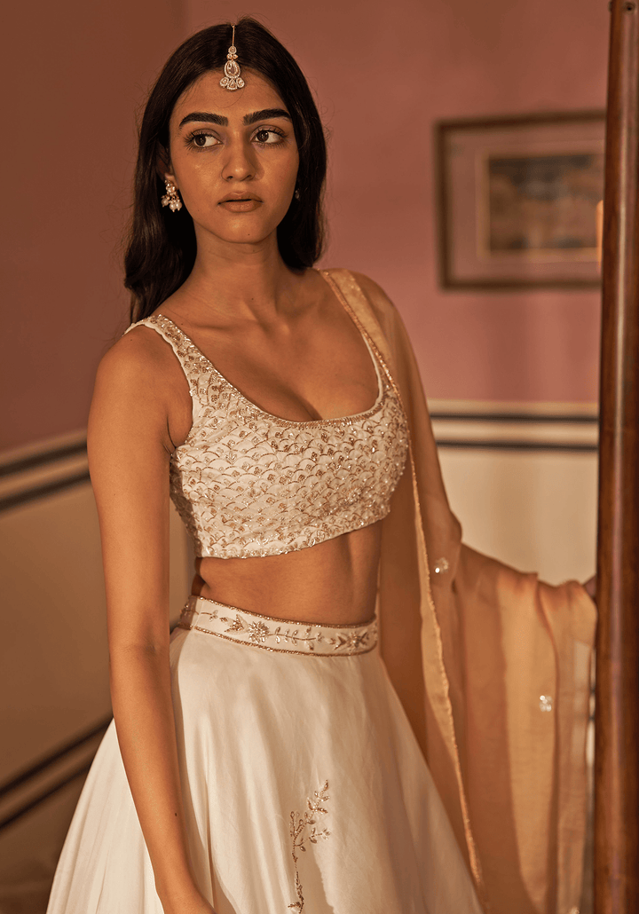 Ivory And Gold Organza Lehenga Set Zoon Tribe - Fabilicious Fashion
