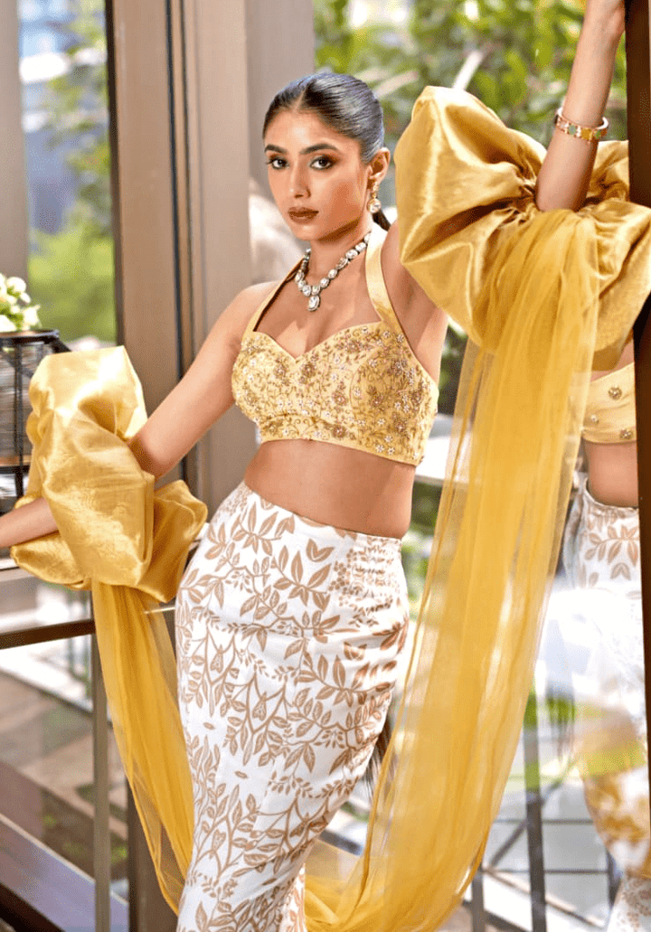 Ivory and Mustard Gold Mermaid Lehenga Set Rashika Sharma - Fabilicious Fashion