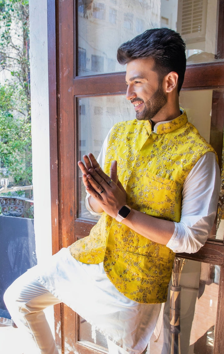 Ivory Cotton Kurta Set With Zari Work Yellow Vest Priti Sahni - Men - Fabilicious Fashion