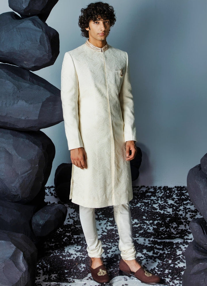 Ivory Embellished Sherwani Set With Churidar Contrast By Parth - Fabilicious Fashion