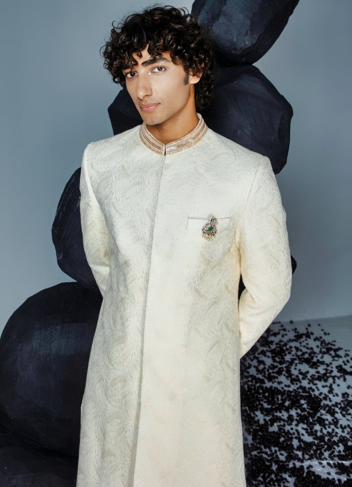 Ivory Embellished Sherwani Set With Churidar Contrast By Parth - Fabilicious Fashion