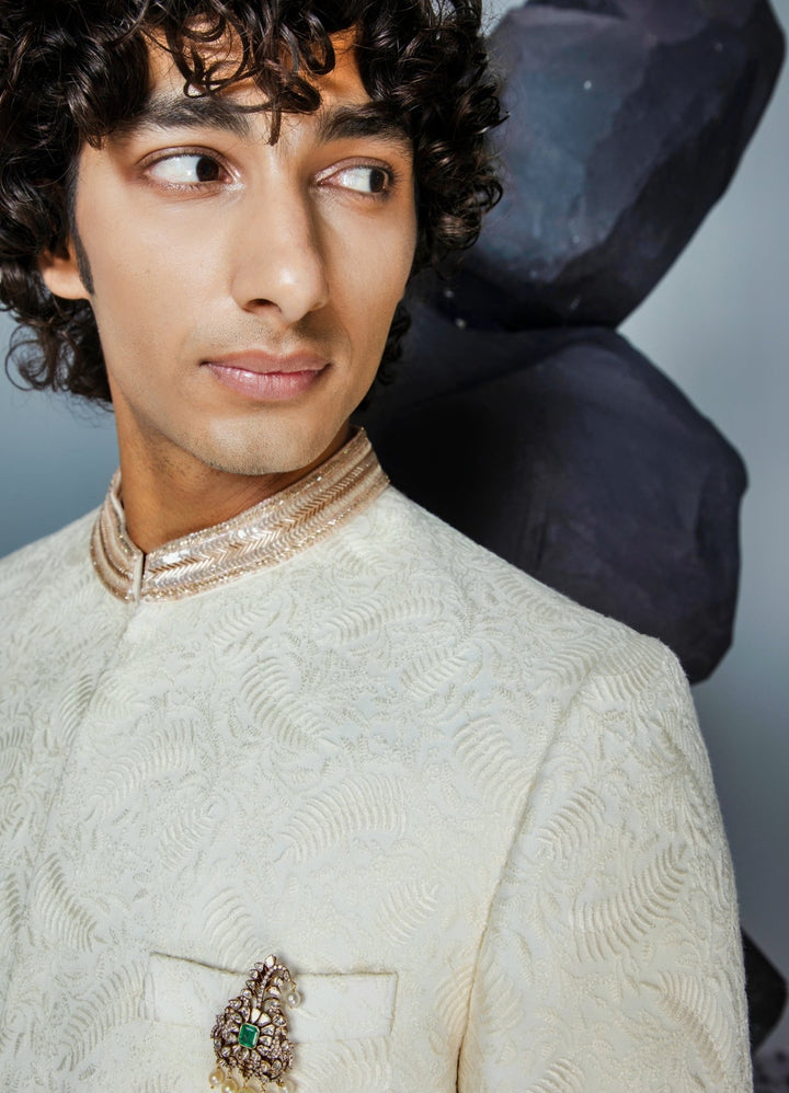 Ivory Embellished Sherwani Set With Churidar Contrast By Parth - Fabilicious Fashion