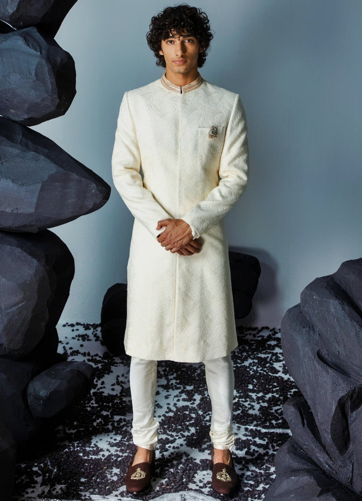 Ivory Embellished Sherwani Set With Churidar Contrast By Parth - Fabilicious Fashion