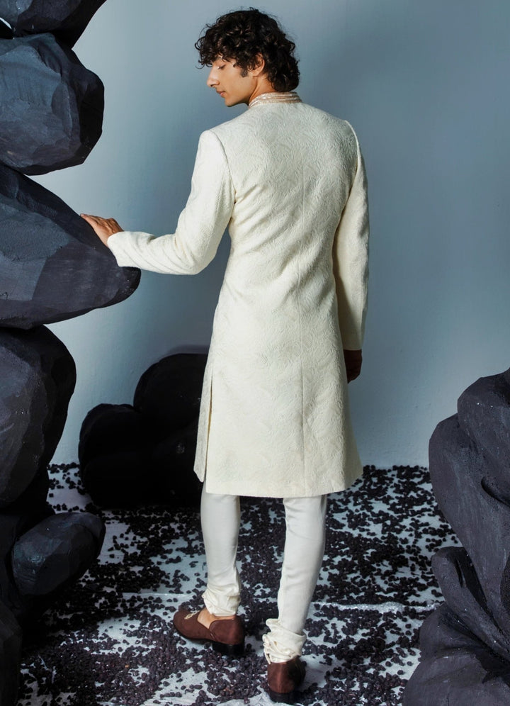 Ivory Embellished Sherwani Set With Churidar Contrast By Parth - Fabilicious Fashion