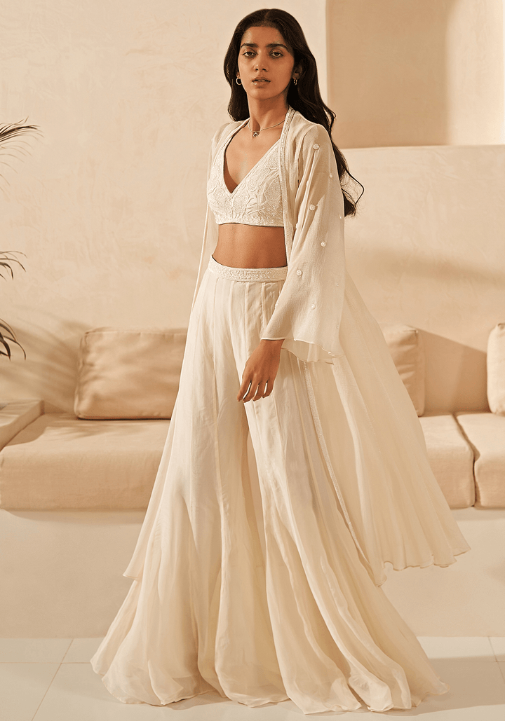 Ivory Embroidered Kurta Jacket Set Zoon Tribe - Fabilicious Fashion