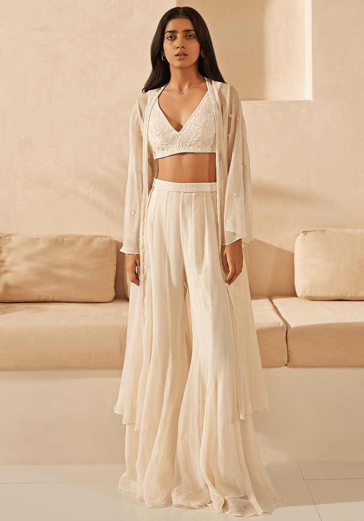 Ivory Embroidered Kurta Jacket Set Zoon Tribe - Fabilicious Fashion