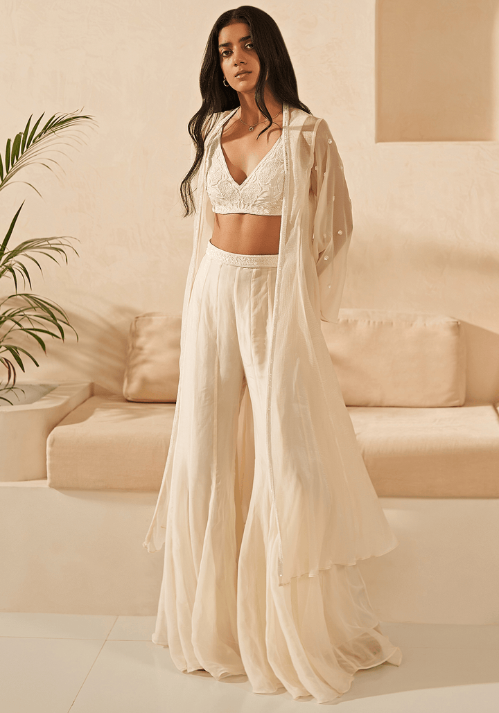 Ivory Embroidered Kurta Jacket Set Zoon Tribe - Fabilicious Fashion