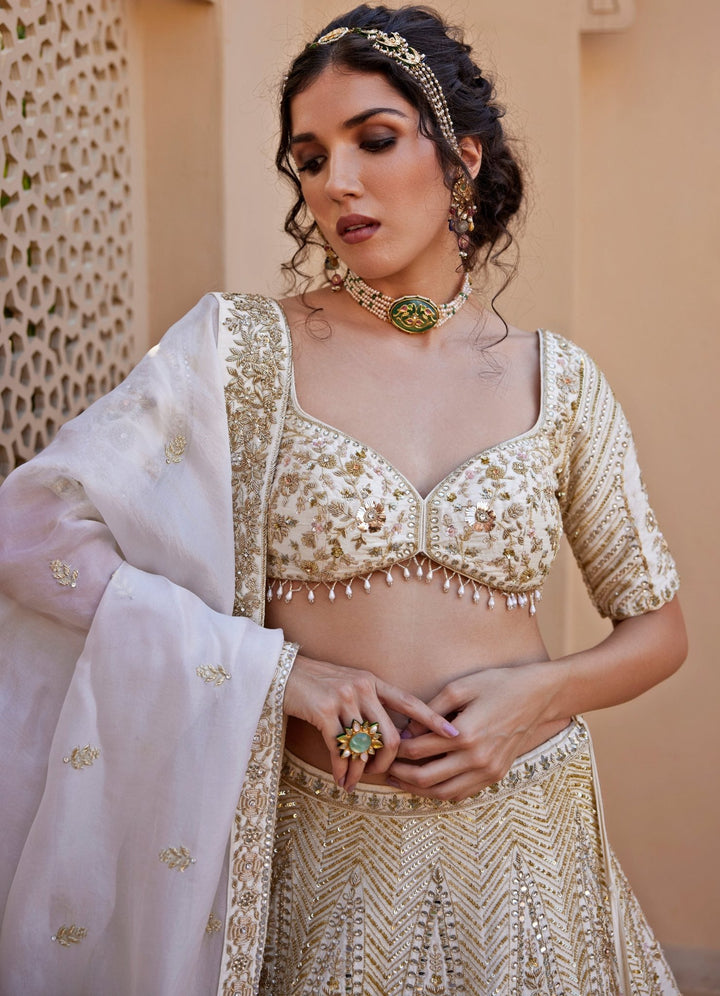 Ivory Embroidered Lehenga Set Chamee and Palak - Fabilicious Fashion