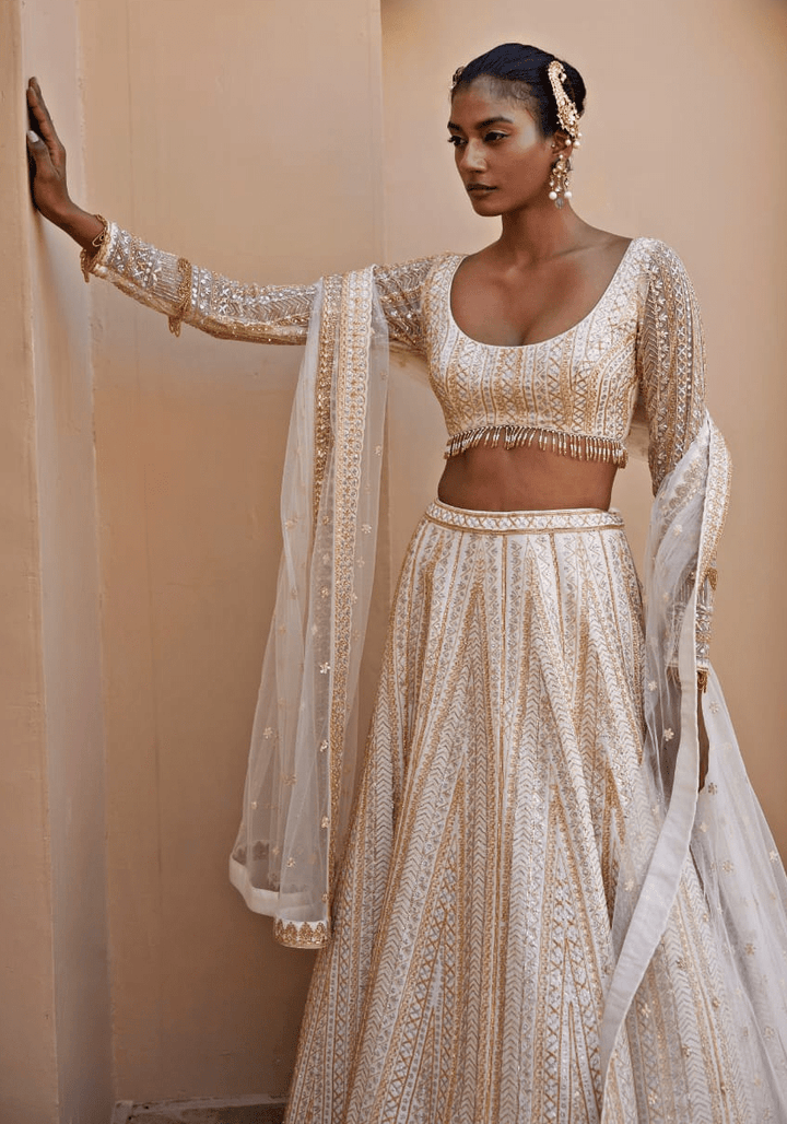 Ivory Embroidered Lehenga Set Chamee and Palak - Fabilicious Fashion