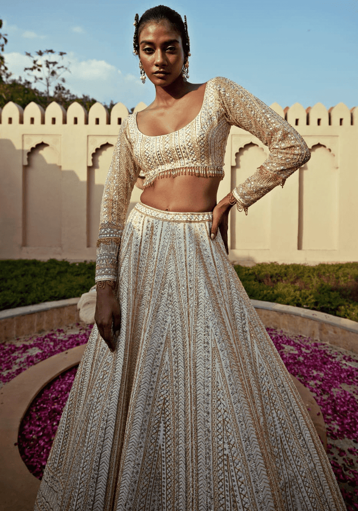 Ivory Embroidered Lehenga Set Chamee and Palak - Fabilicious Fashion