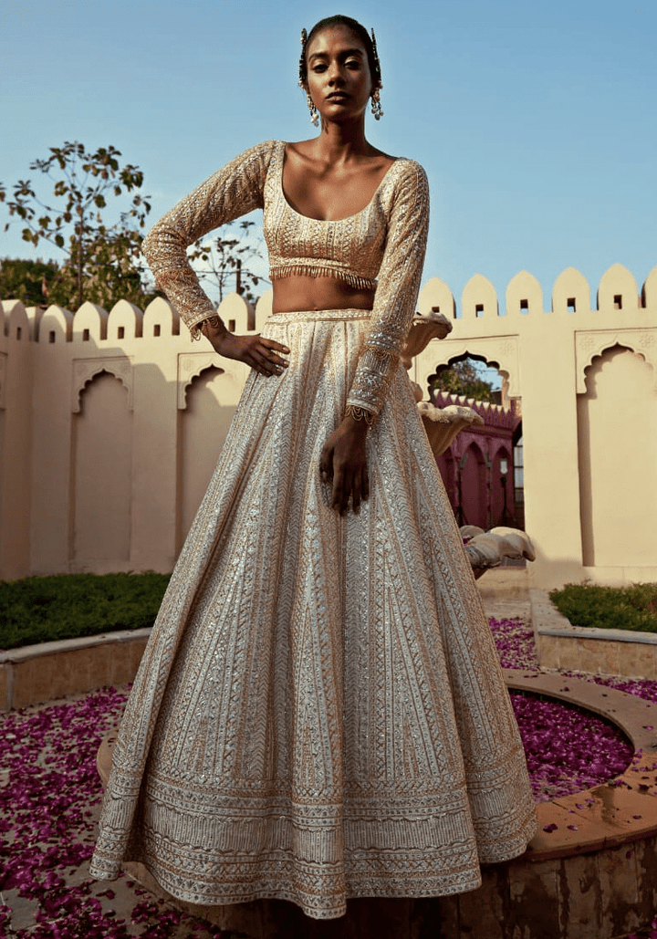 Ivory Embroidered Lehenga Set Chamee and Palak - Fabilicious Fashion