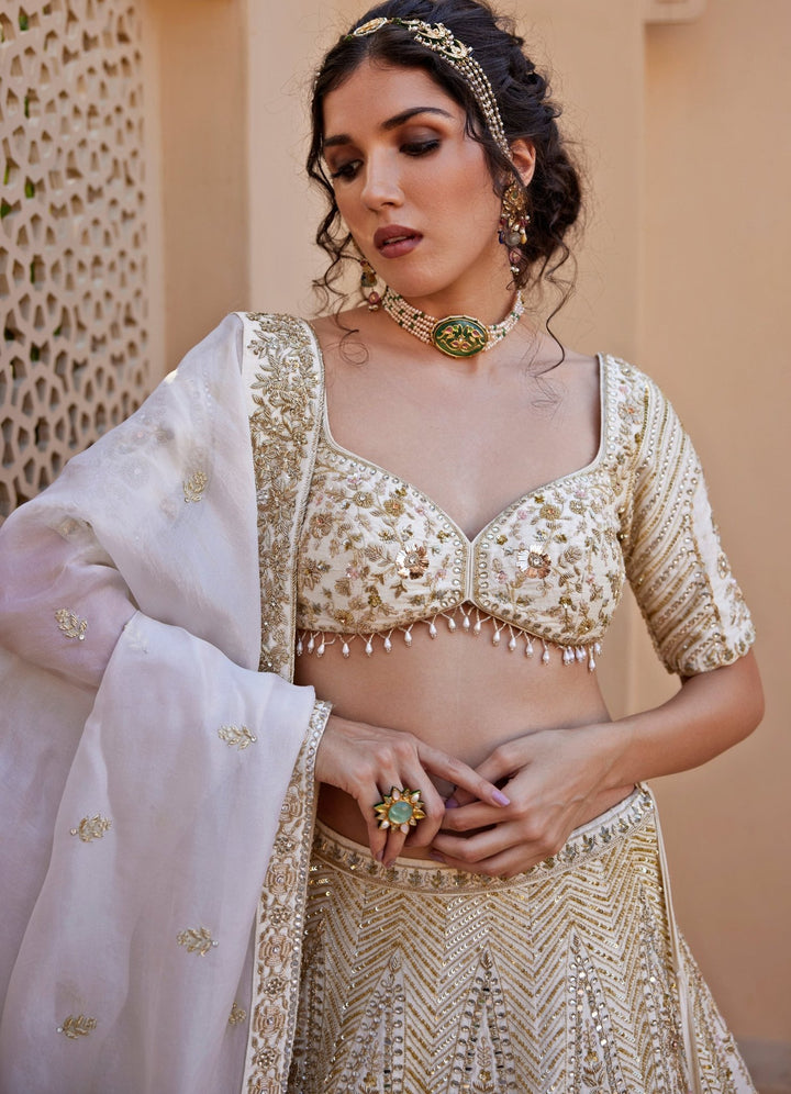 Ivory Embroidered Lehenga Set Chamee and Palak - Fabilicious Fashion
