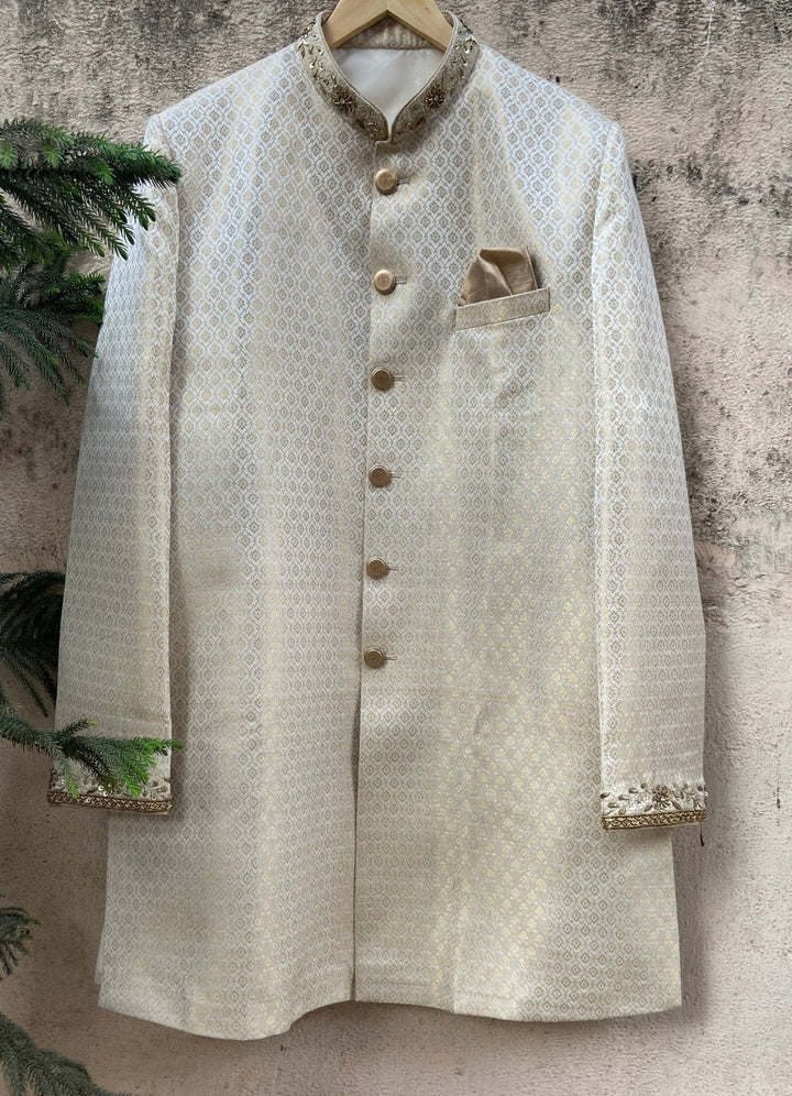 Ivory Gold Brocade Silk Sherwani Priti Sahni - Men - Fabilicious Fashion