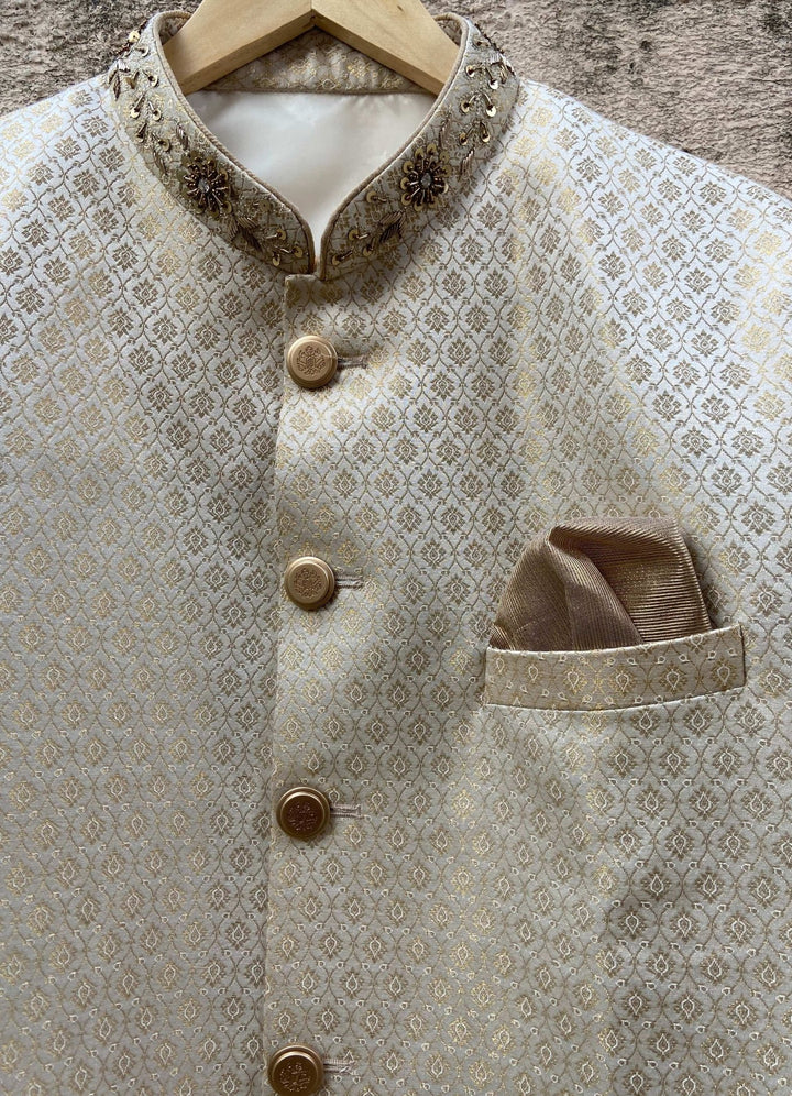 Ivory Gold Brocade Silk Sherwani Priti Sahni - Men - Fabilicious Fashion