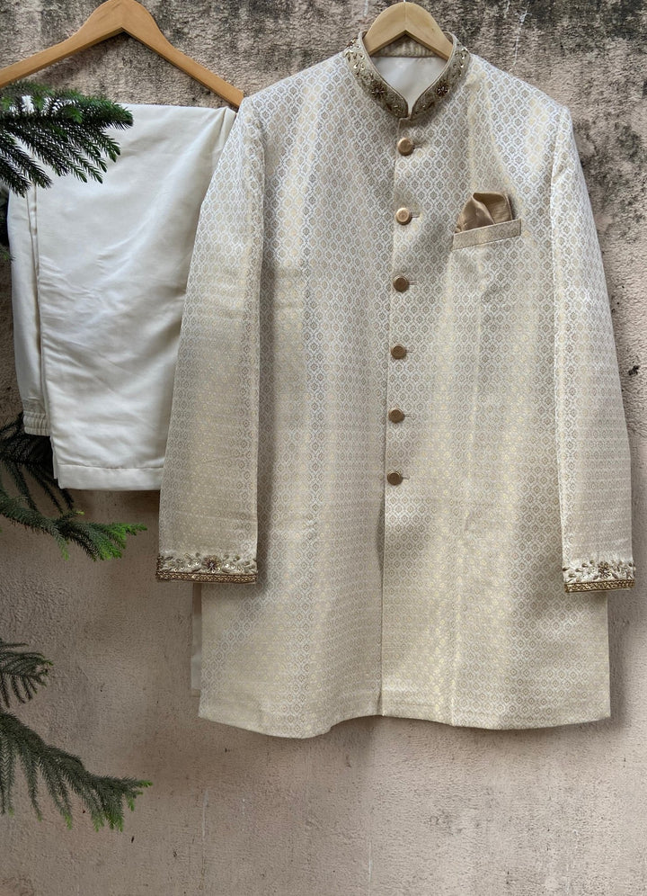 Ivory Gold Brocade Silk Sherwani Priti Sahni - Men - Fabilicious Fashion
