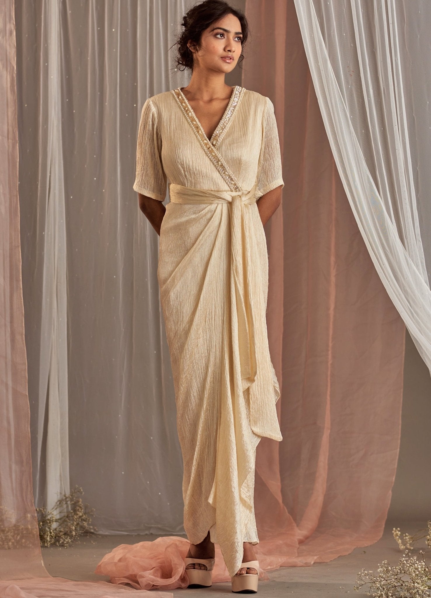 Nidhika Shekhar Ivory Gold Tie-Up Silk Dress With Belt Fabilicious Fashion Nidhika Shekhar Ivory Gold Tie-Up Silk Dress With Belt Fabilicious Fashion