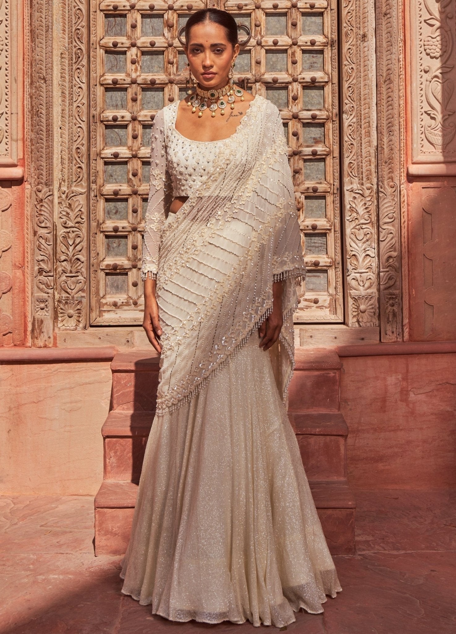 Ivory Pre-Draped Mermaid Lehenga Georgette Saree With Blouse