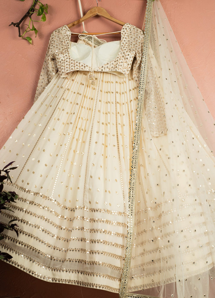 Ivory Sequined Georgette Lehenga Set With Full Sleeved Blouse Anisha Shetty - Fabilicious Fashion
