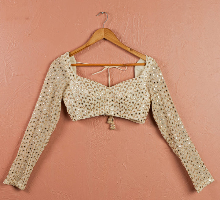 Ivory Sequined Georgette Lehenga Set With Full Sleeved Blouse Anisha Shetty - Fabilicious Fashion